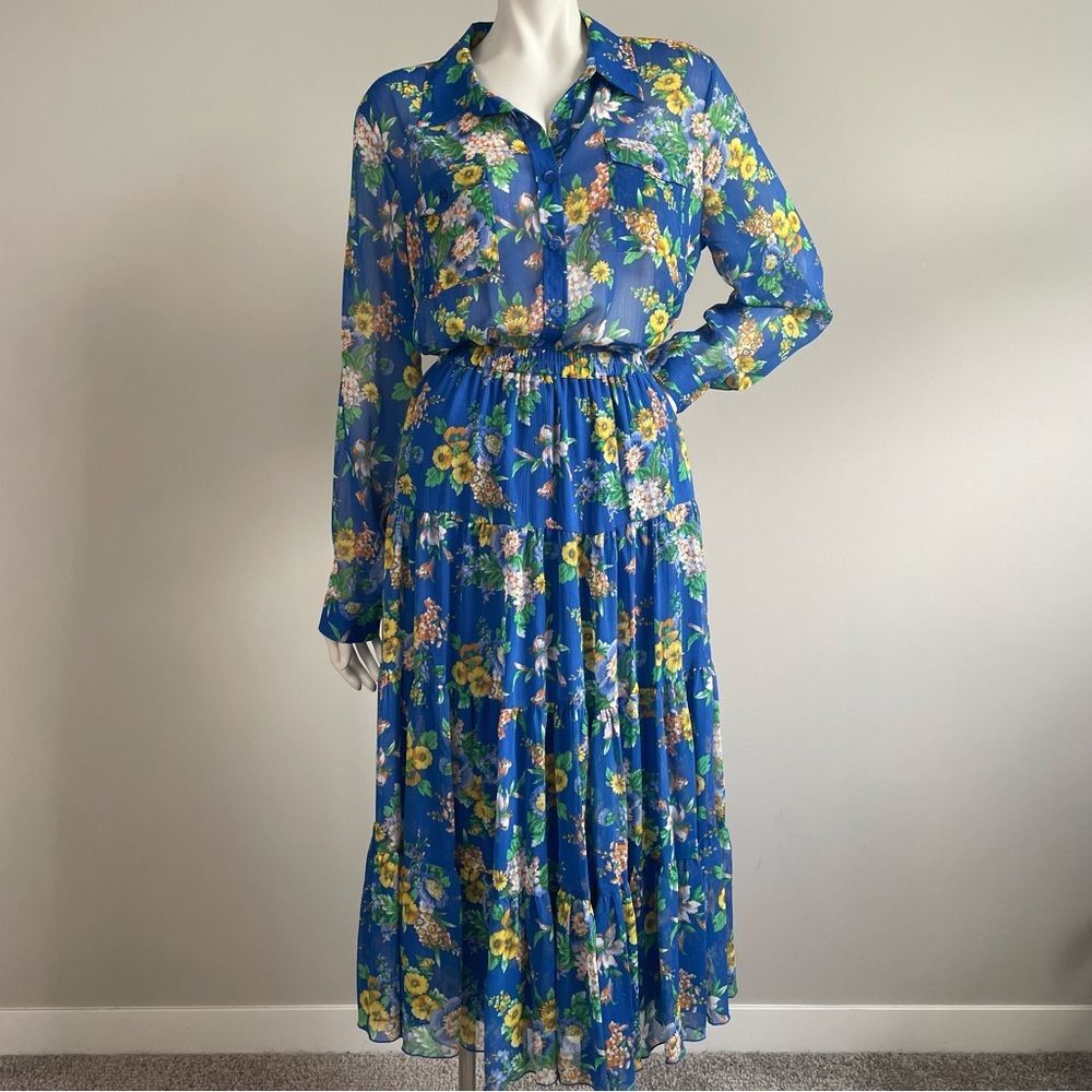 LÍNEA BY LOUIS DELL’OLIO Blue Floral Print Button Up Shirt & Tiered Midi Skirt